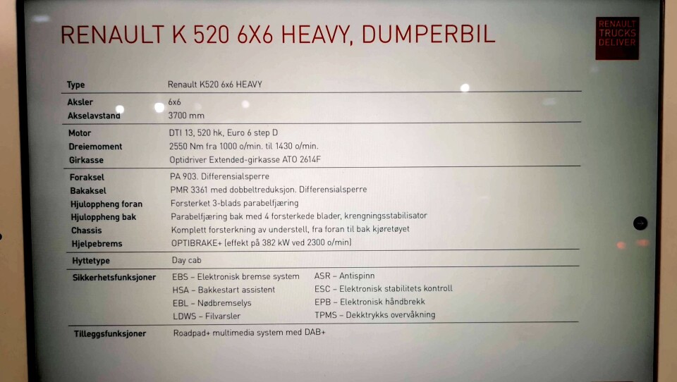 Tekniske spesifikasjoner om Renault K520 6x6-en som sto utstilt på messen. Tekniske spesifikasjoner om Renault K520 6x6-en som sto utstilt på messen.