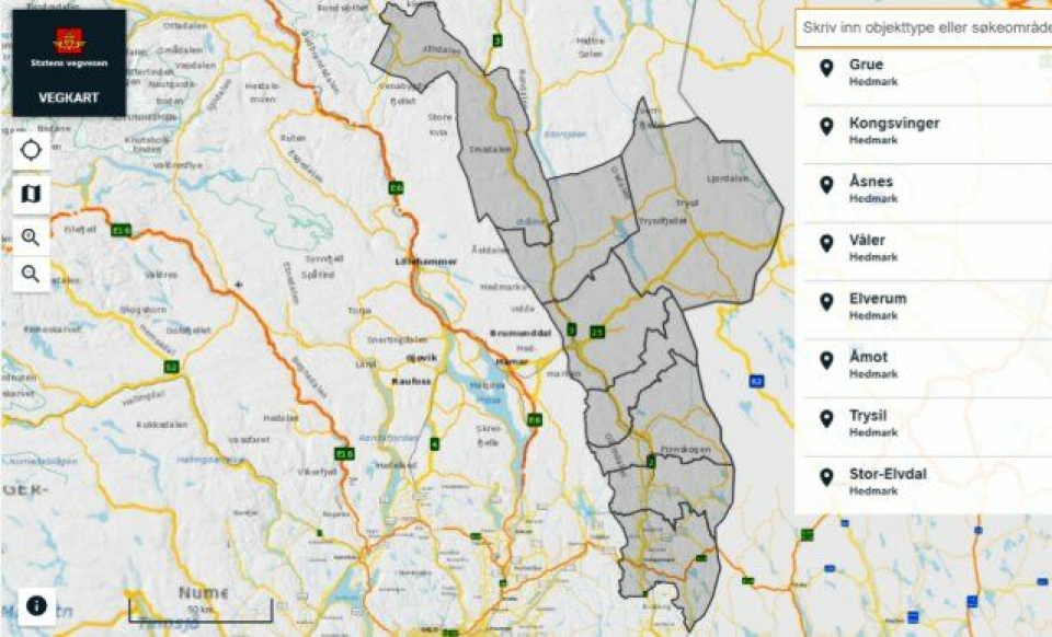 Området i Hedmark - åtte kommuner - der det skal kunne kjøres med opp til 74 tonn totalvekt på tømmervogntog.