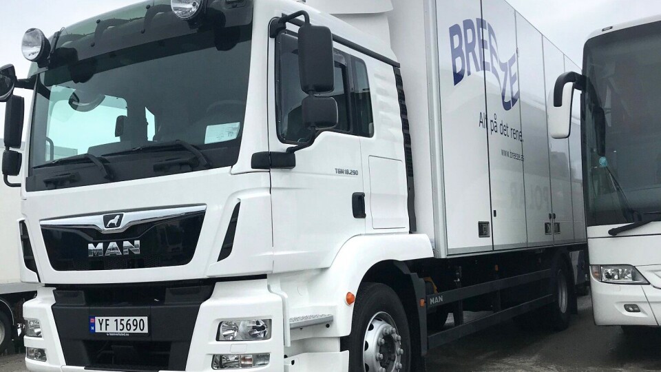 MAN TGM 18.290 levert til Breeze AS tidligere i år. Senere i høst og utpå nyåret får selskapet ytterligere ti MAN TGX med Euro 6D motorer.