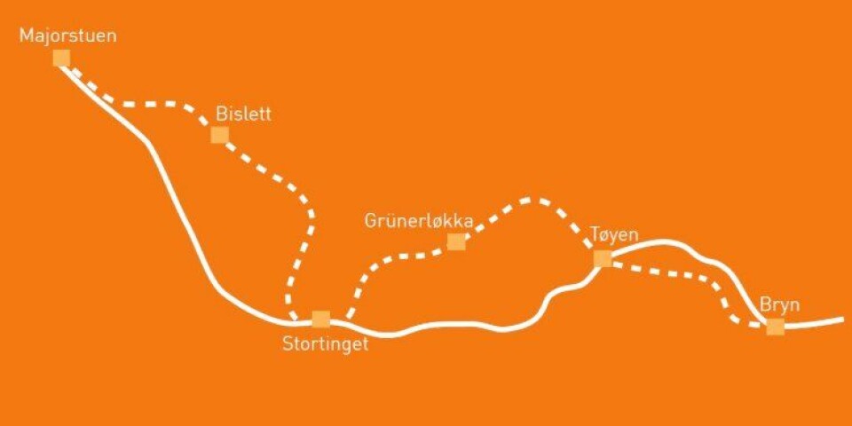 T-banetunnelen planlegges fra Majorstuen via Stortinget til Tøyen. Det vil i videre planfaser bli vurdert om tunnelen bør forlenges til Bryn. Det anbefales ny stasjon på Bislett og Grünerløkka. Antall stasjoner og konkret lokalisering av oppganger vil vurderes i videre planfaser.