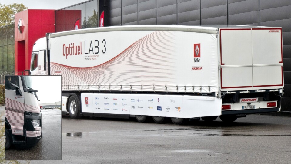 Avrundingen av bakkanten på kapellet på tralla mener Renault og deres partnere gir mest effekt.Ved å bygge frem fronten (det lille bildet) blir det mindre luftmotstand i front på kjøretøyet.