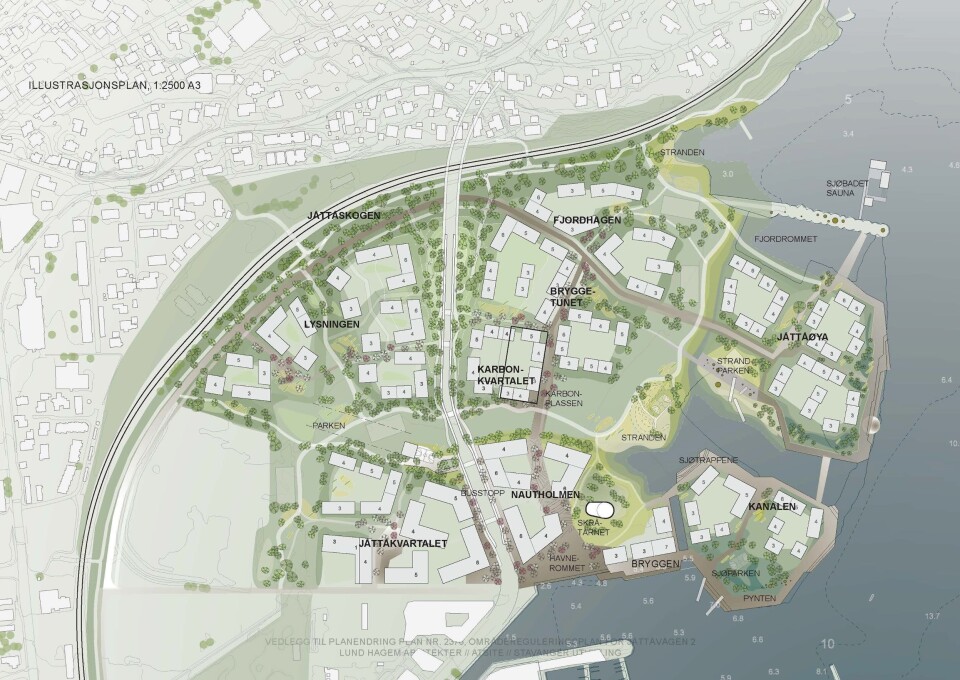 Illustrasjon av området som nå skal utvikles. Boliger ved skråtårnet kommer for salg i 2021.
