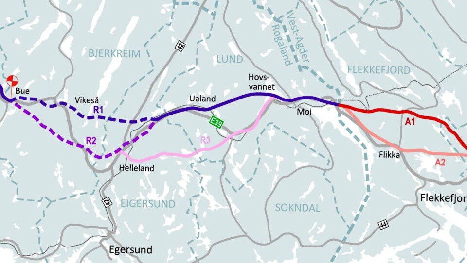 Nye Veier anbefaler korridorene R1 og A1 på E39 mellom Lyngdal og Ålgård.