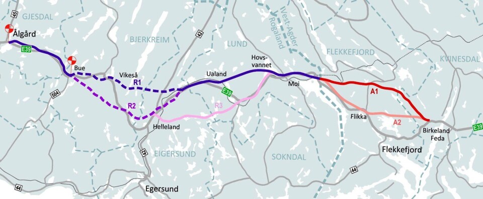 Nye Veier anbefaler korridorene R1 og A1 på E39 mellom Lyngdal og Ålgård.
