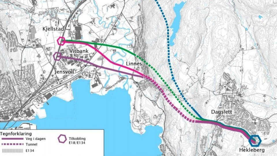 Kartet viser de fire korridorene/traséene som skal utredes.