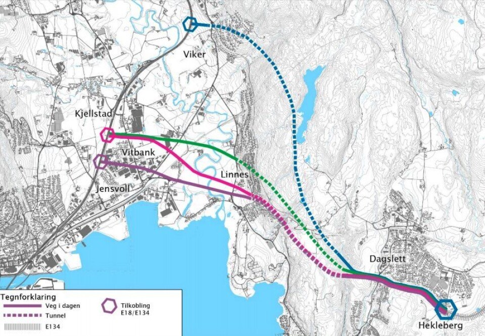 Kartet viser de fire korridorene/traséene som skal utredes.