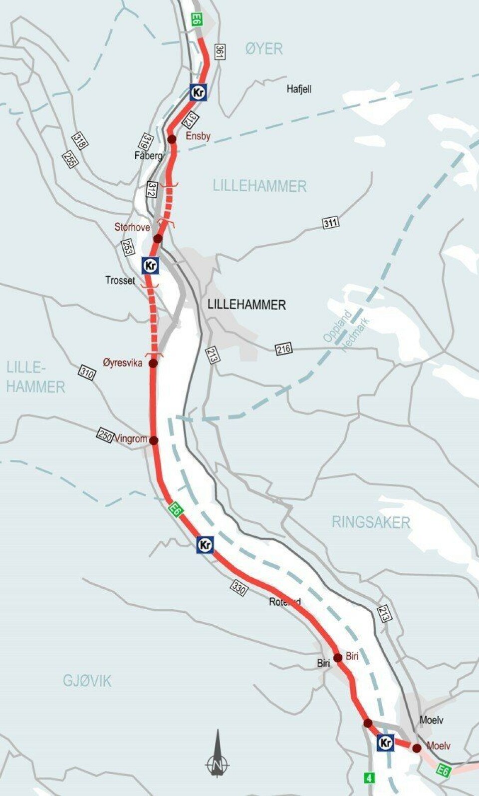 Strekningen Storhove-Øyer vises i den øvre delen av kartet.