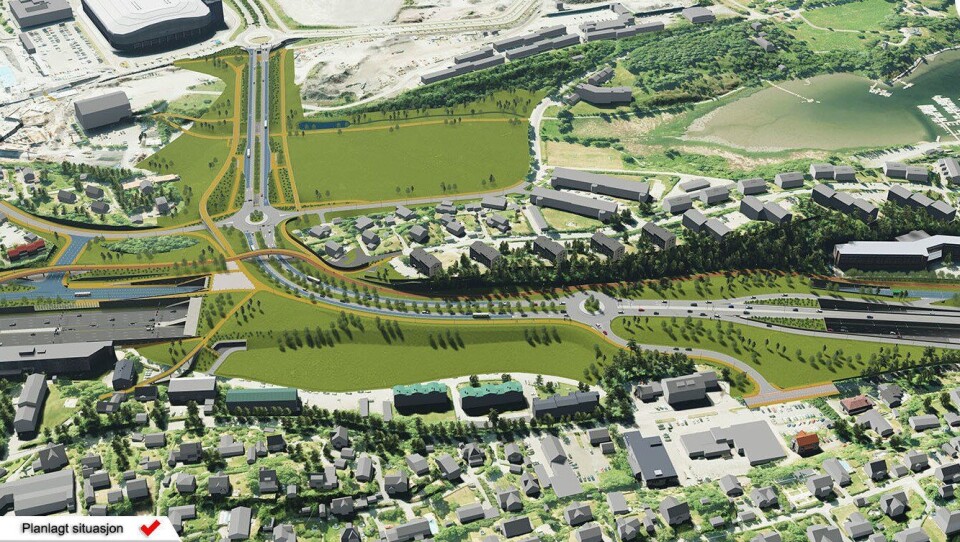 Det er planlagt store forandringer på E18 vestover fra Oslo, gjennom Bærum. Illustrasjonen viser et nytt planlagt lokk over E18 ved Stabekk.