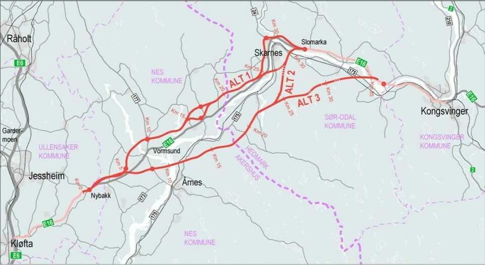 Kartet viser området hvor det skal lages kommunedelplan for ny E16 fra E6 og til Kongsvinger.