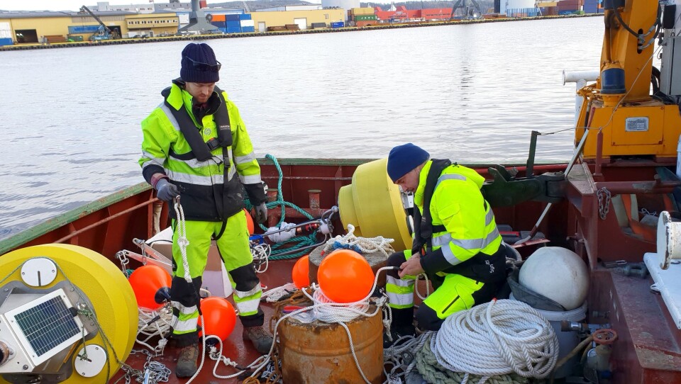 Mike Voellmeccke og David A. Benton etablerer målesystemet på Drammen Havn i februar 2020.