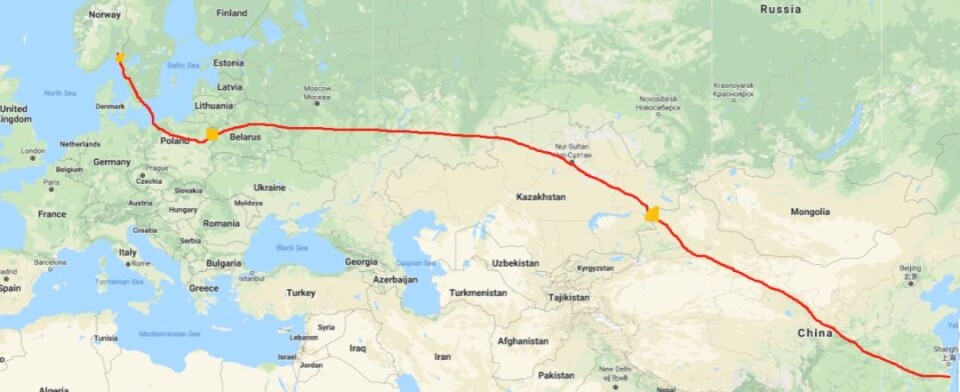 Ruten går fra Yuyao i Kina via Kasakhstan, Russland, Hviterussland, Polen og Sverige. - Vi er litt spente på hvor lang tid grensepasseringene vil ta, sier Vegard Kristiansen i Prime Cargo.