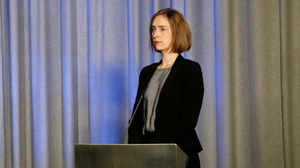 Næringsminister Iselin Nybø holder videomøte 29. april. Bildet er fra et pressemøte tidligere.