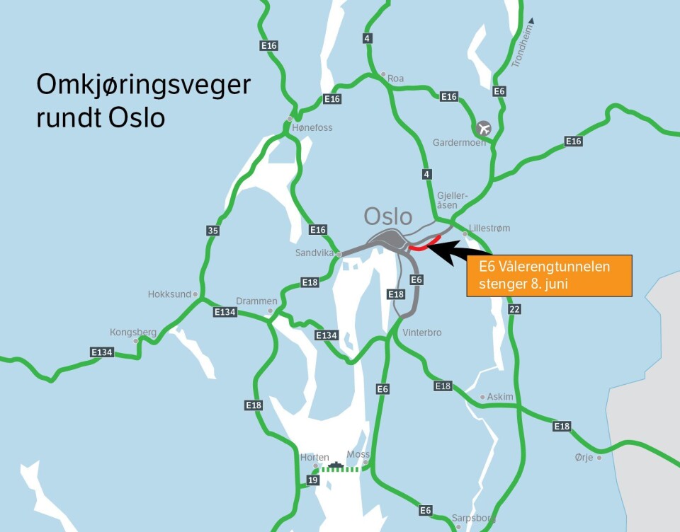 Ett av løpene i Vålerengtunnelen vil være stengt fra 8. juni 2020 til februar 2021. Kartet viser andre veier som kan være alternativ når Oslo skal passeres.