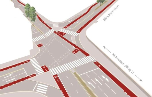 Illustrasjon over krysset Kirkeveien - Blinderrnveien i Oslo, med ventebokser for syklister som tar stor venstresving. Illustrasjon over krysset Kirkeveien - Blinderrnveien i Oslo, med ventebokser for syklister som tar stor venstresving.
