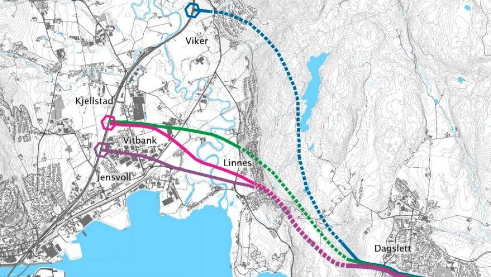 Kartet viser de fire korridorene/traséene som er aktuelle for ny vei mellom Dagslett og E18 øst for Drammen i Viken fylke.