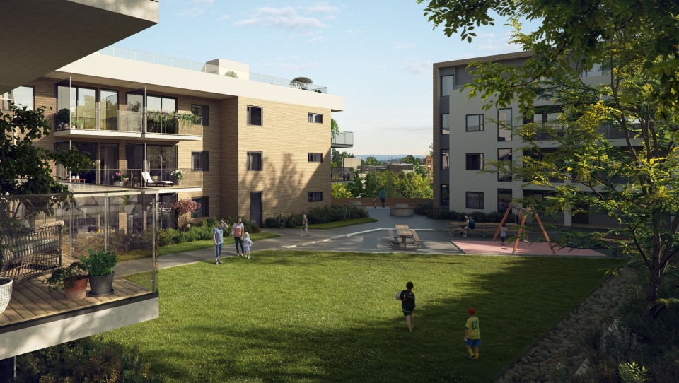 På Rings Hus danner byggene en ramme rundt en bakhage. Her blir det balkonger, felles takterrasser, mulighet for garasjeplass og noen leiligheter med privat takterrasse, meldes det fra Peab.