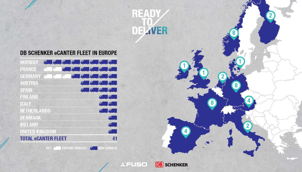 Illustrasjonen viser antallet eCanter DB Schenker har i drift i Europa i dag (hvite biler), og de nye som leveres (blå biler), fordelt på land. Norge er landet i Europa som får flest av de nye lette lastebilene fra Fuso.