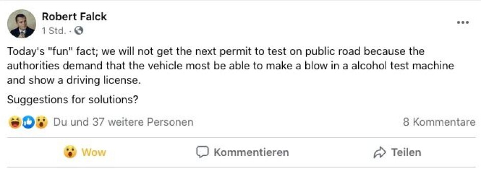 Får ikke teste autonom lastebil fordi den ikke kan bevise at den er edru