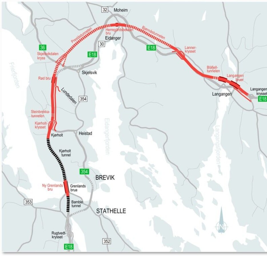 Det er flere bruer og tunneler på strekningen E18 Langangen - Rugtvedt.