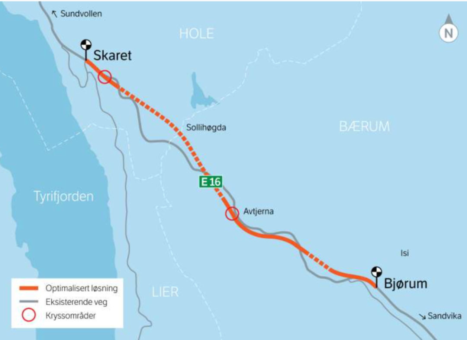En stor del av strekningen som skal bygges innebærer tunnelbygging, vist med stiplete linje.