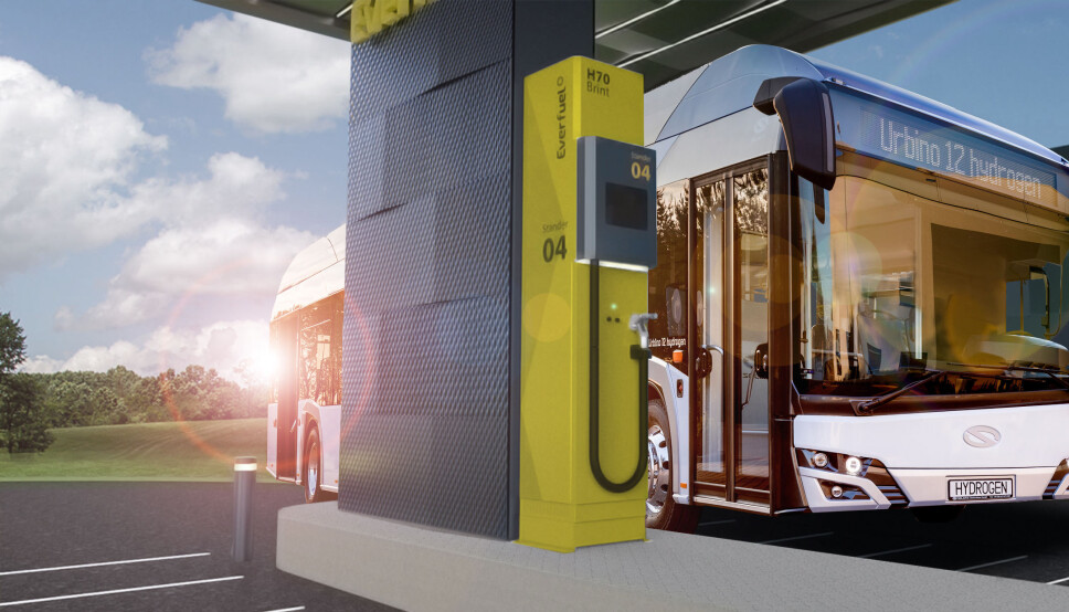 Selskapene skal sammen utvikle hydrogenfyllestasjoner for landeveistransport. Bildet er en illustrasjon fra en fremtidig Everfuel stasjon i Nederland