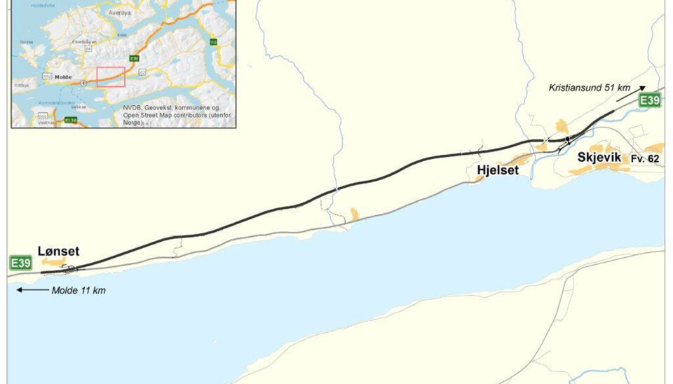 Nye E39 Lnset-Hjelset skal bygges i en ny tras, nord for dagens E39.
Foto: Statens vegvesen
