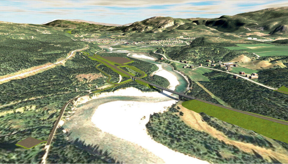 Illustrasjon viser blant annet planlagte nye Svenningelv bru med ny E6 og tunnel inn i Bergåsen. Tettstedet Trofors i bakgrunnen.