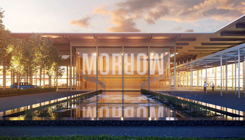 Morrow Batteries velger Arendal for batterifabrikken de skal bygge. Bilde er hentet fra prospektet som ble levert inn for Eyde Energipark. Illustrasjon: RIFT/NSW Arkitektur