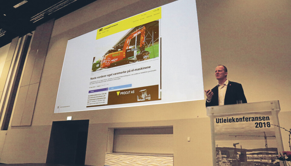 Her fra Utleiekonferansen i 2018, som samferdselsminister. Snakket om elektriske maskiner i bransjen. Foto: Klaus Eriksen Her fra Utleiekonferansen i 2018, som samferdselsminister. Snakket om elektriske maskiner i bransjen. Foto: Klaus Eriksen