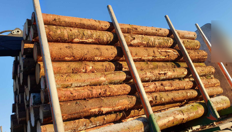 Det var ikke god nok lastsikring da denne tømmerbilen ble stoppet på fylkesveien.