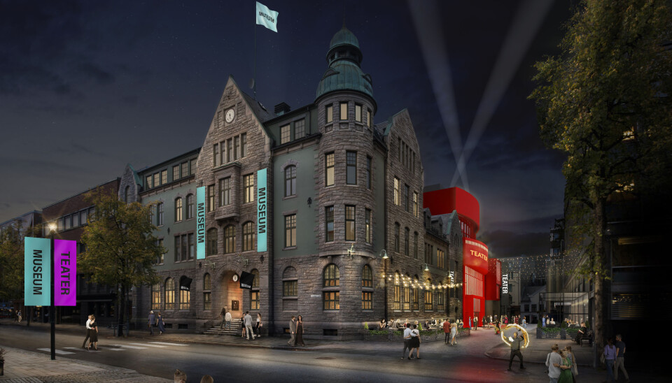 Skissetegning Posten kunstmuseum og Nye Hjorten Teater.