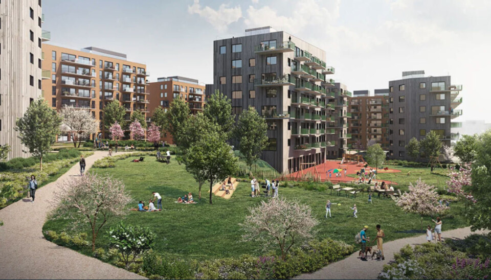 Obos-prosjektet på Løren i Oslo er på totalt 390 boliger. Gårdsrommene mellom boligene skal benyttes til store hager med frukttrær, bærbusker og urter. (Illustrasjon: TAG Arkitekter)