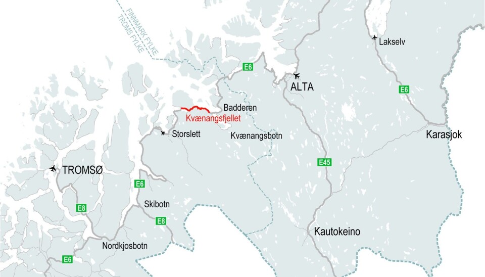 Kartet viser hvor Kvænangsfjellet er lokalisert.