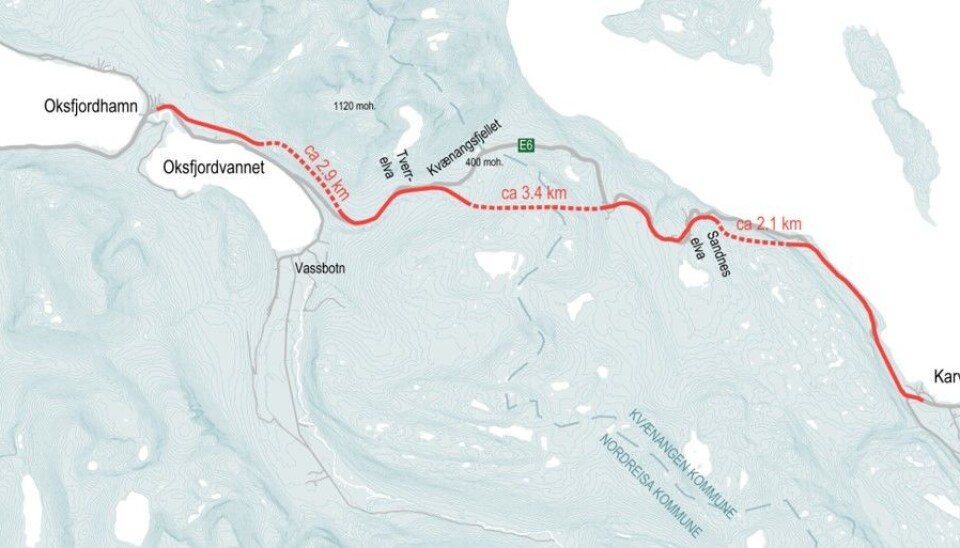 Kartet viser planområdet for utbygging av ny E6 Kvænangsfjellet.