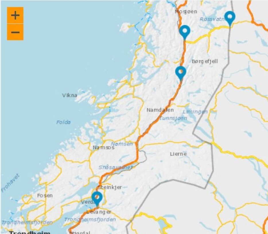 Kart driftskontrakt E6 fra Verdal til Nordlandsporten. Rv. 73 Fra Trofors til svenskegrensen.