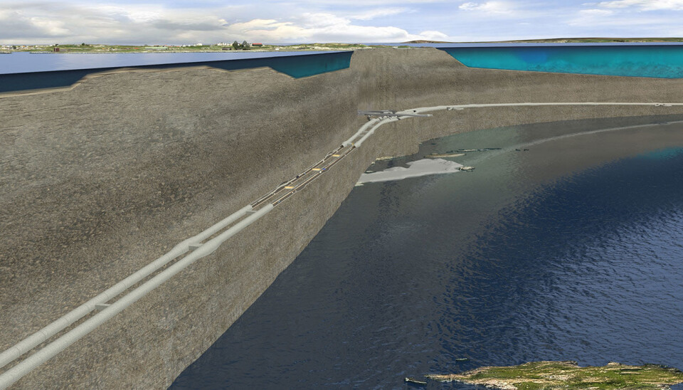 Illustrasjon av tunnelen under Boknafjorden på Rogfast.