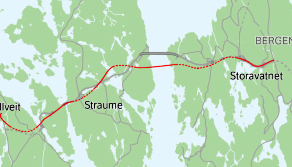 Kart over ny riksvei 555 Sotrasambandet, markert med rødt.