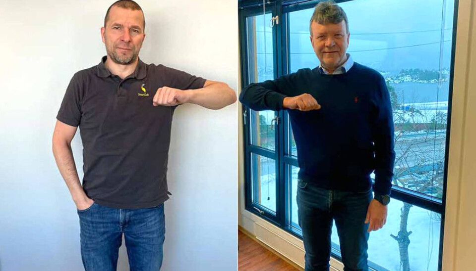 Daglig leder av SmartDok, Bjørn Tore Hagberg, og styreleder i MEF, Arnstein Repstad, tar en digital covid-19-vennlig handshake som bekreftelse på at partene nå skal samarbeide om HMS/KS.