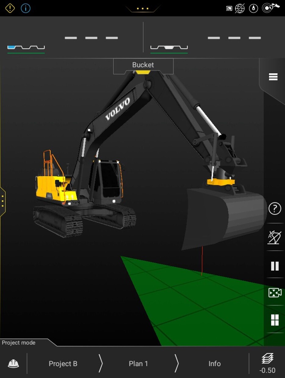 Integrasjonen har kommet så langt at kunden fra og med neste Dig Assist-oppdatering tydelig kan se at det er en Engcon som er tilkoblet. Dette fordi tiltrotatoren i Dig Assists grafiske grensesnitt følger Engcons signaturfarge.