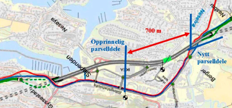 Endring av etappedelet fra Slependen til Nesbru; Ramper t/f E18 i dagens kryss med Nesøyaveien fjernes og det bygges et nytt kryss med lokalveien vest for Ikea. Grønne veier viser hovedsamlevei og ramper, røde veier viser hovedsykkelvei og blå veier viser bussløsning.