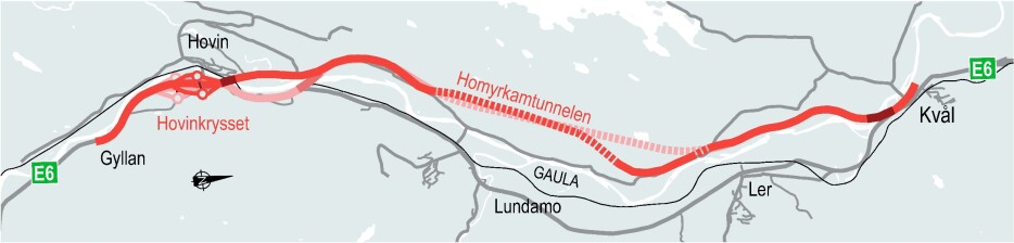 Den mørkerøde linjen viser Nye Veiers nye traséforslag fra Gyllan til Kvål. Linjen i lysere rødfarge viser opprinnelig plan.