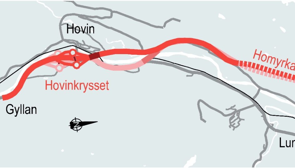 Foreslår ny trasé: Den mørkerøde linjen viser Nye Veiers nye traséforslag fra Gyllan til Kvål. Linjen i lysere rødfarge viser opprinnelig plan (se større utsnitt i teksten nedenfor).
