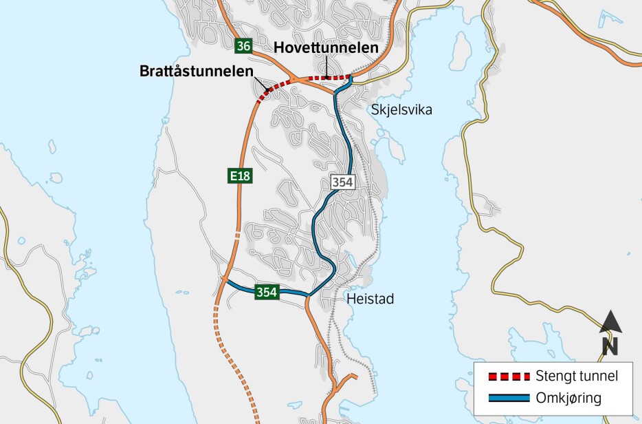 Om nettene blir det omkjøring på fv. 351 mellom Skjelsvik og Heistad.