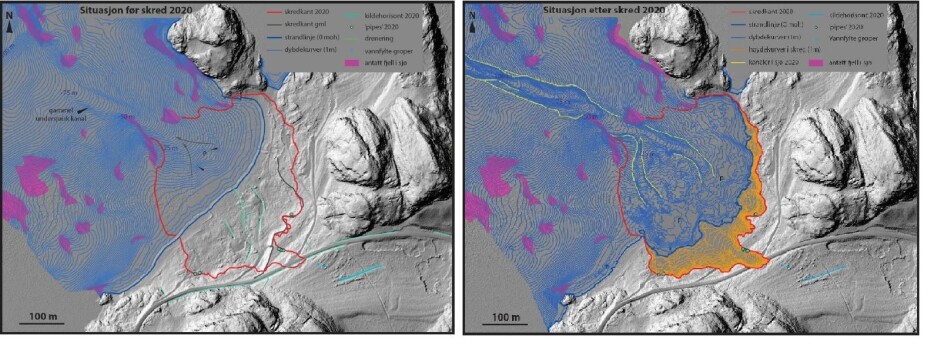 Kobling av sjø- og landdata, før og etter skredet. Kanten av skredet er vist med rød linje. Dybdekurver under vann er vist i blått. Forskjellen mellom de to bildene viser hvor mye masse som er fjernet i skredet og transportert ut på dypere vann. Det ligger fortsatt noe forstyrrede masser igjen i skredgropa.