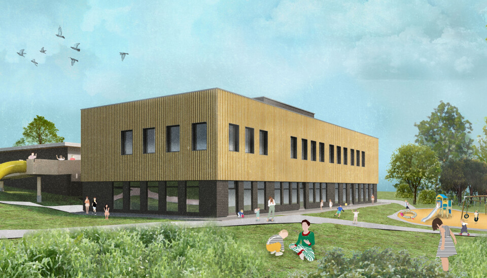 LANGELAND SKOLE-TILBYGG: Slik vil det 1600 kvadratmeter nye tilbygget på Langeland skole i Kongsvinger fremstå når det står ferdig til skolestart neste år. Budsjettet er på 87,5 millioner kroner. Illustrasjon: Architectopia