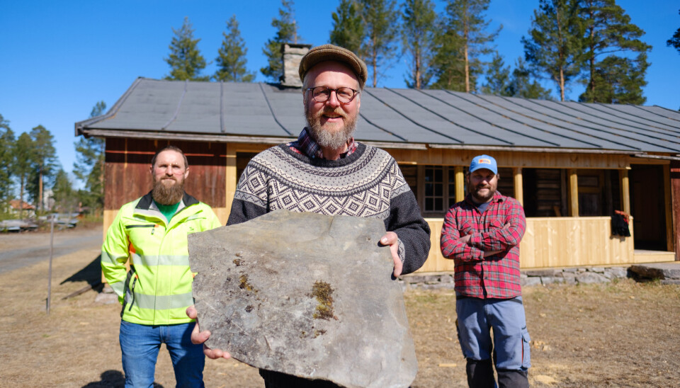 TRENGER SKIFER: Håndverker Sveinung Sletten viser med et stykke skifer som skal opp på taket på Staistua på Anno Glomdalsmuseet. Bak står driftssjef Ivar Busterud Bjørnstad (t.v.)og håndverker Henrik Josefsson.