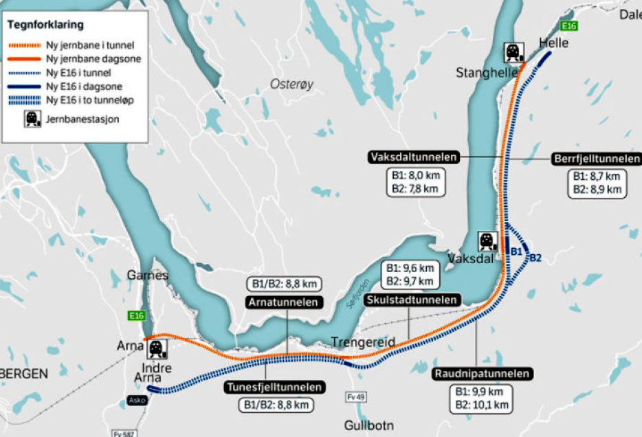 Kart som viser oversikt over hvordan E16 og Vossebanen på strekningen Arna-Stanghelle kan bli med ny planlagt løsning.