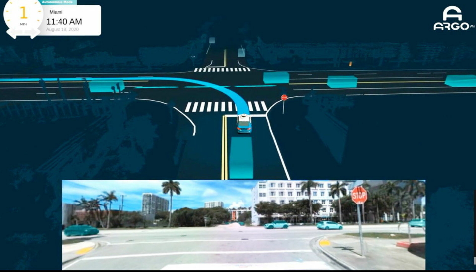 TRAFIKK: Her ser vi en fullstopp situasjon i Miami hvor bilen må lese en kompleks trafikksituasjon med tett trafikk og finne en åpning hvor den trygt kan svinge til venstre.