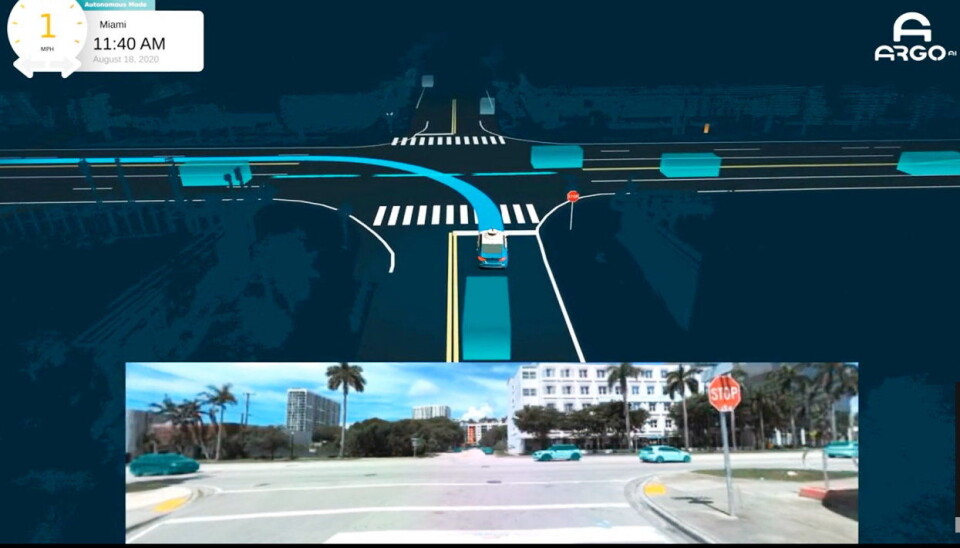 TRAFIKK: Her ser vi en fullstopp situasjon i Miami hvor bilen må lese en kompleks trafikksituasjon med tett trafikk og finne en åpning hvor den trygt kan svinge til venstre. TRAFIKK: Her ser vi en fullstopp situasjon i Miami hvor bilen må lese en kompleks trafikksituasjon med tett trafikk og finne en åpning hvor den trygt kan svinge til venstre.