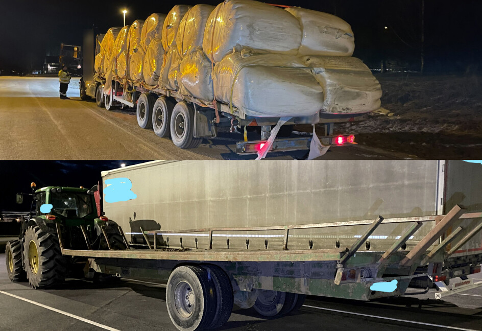 Både trekkvogn og semitrailer på bildet øverst fikk kjennemerkene inndratt i mars på Ånestad kontrollstasjon, Innlandet. Da sjåfør/eier skulle hente semitraileren med traktor og henger i mai, ble traktorhengeren også avskiltet (rundballene var hentet, så semitraileren var uten last da den skulle fraktes på traktorhengeren). Begge ganger ble det også kjørt uten gyldig førerkort.